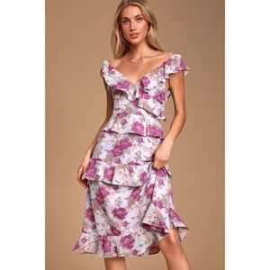 Lavender Floral Print Ruffled Midi Dress